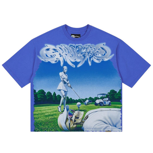 Ballers Clothing Shop blue wash cotton t-shirt featuring a graphic print of a robot golfer and a skull on a golf course.