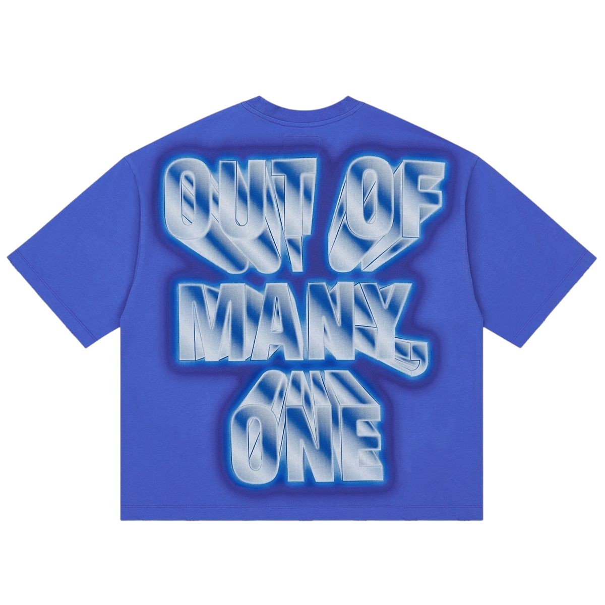 Ballers Clothing Shop blue wash t-shirt with Out of Many One 3D silver graphic print on the back