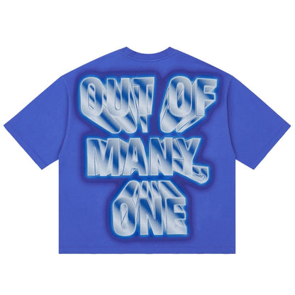 Ballers Clothing Shop blue wash t-shirt with Out of Many One 3D silver graphic print on the back