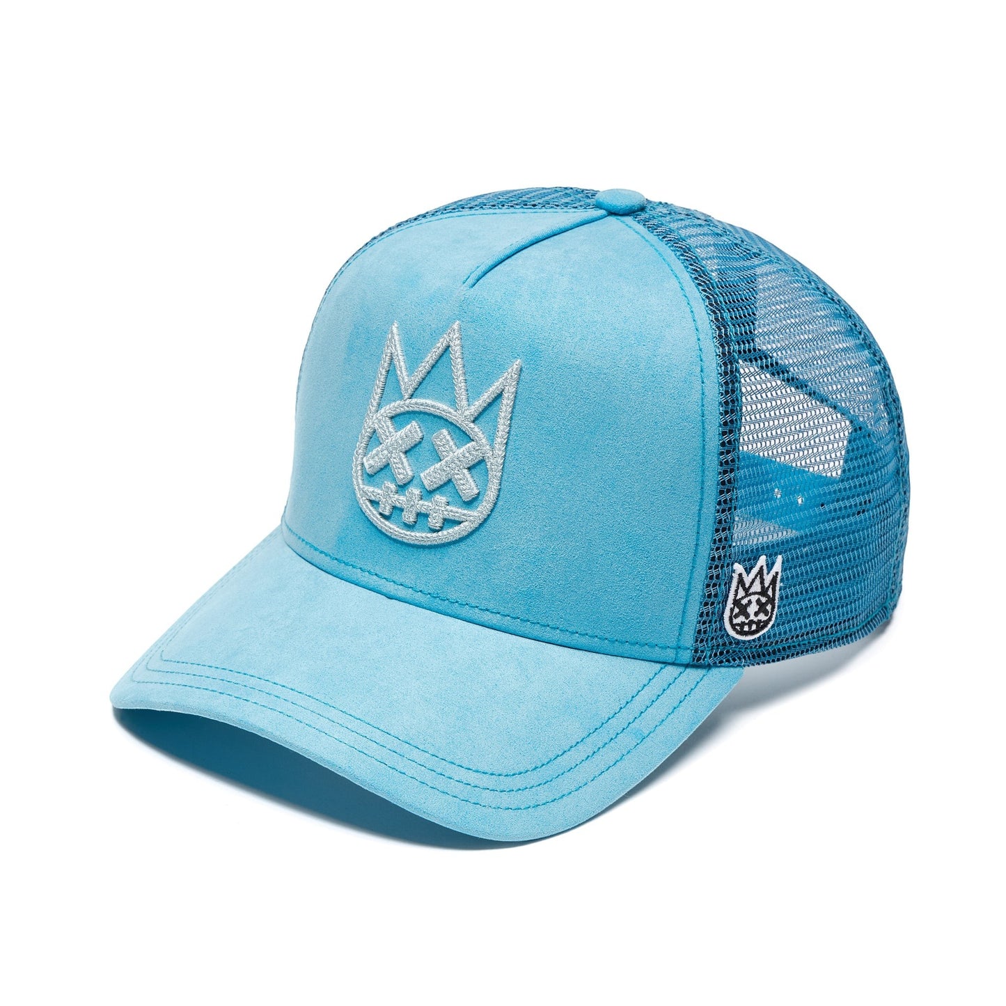 Ballers Clothing Shop Navagio Bay blue suede trucker hat with mesh back and raised chain-stitch Shimuchan logo