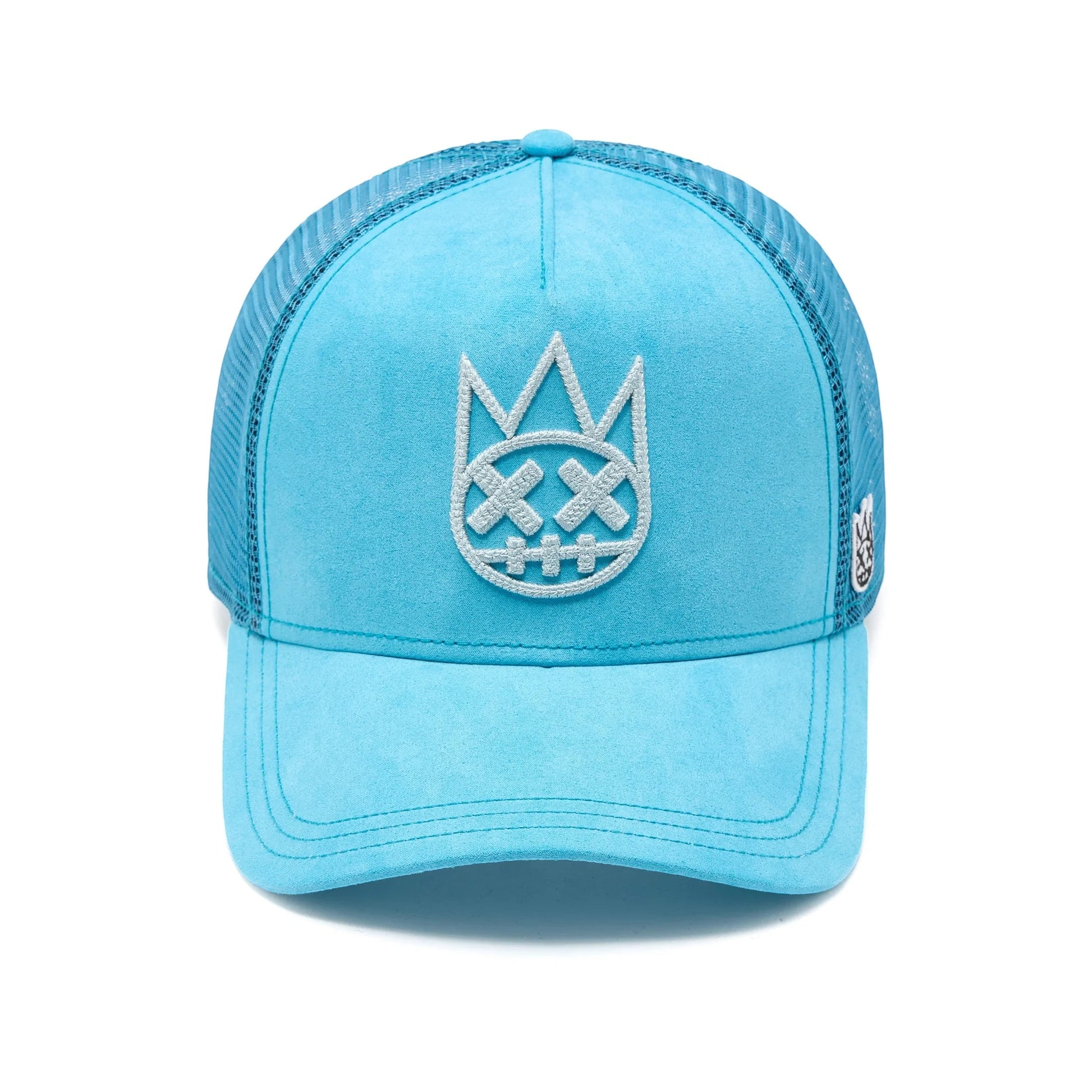 Ballers Clothing Shop Navagio Bay blue suede trucker hat with mesh back and raised chain-stitch logo embroidery