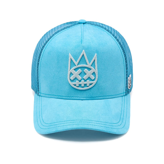 Ballers Clothing Shop Navagio Bay blue suede trucker hat with mesh back and raised chain-stitch logo embroidery