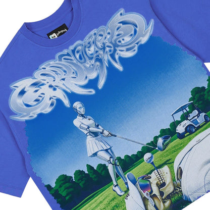 Ballers Clothing Shop blue wash cotton t-shirt featuring a graphic print of a robot golfer on a golf course.