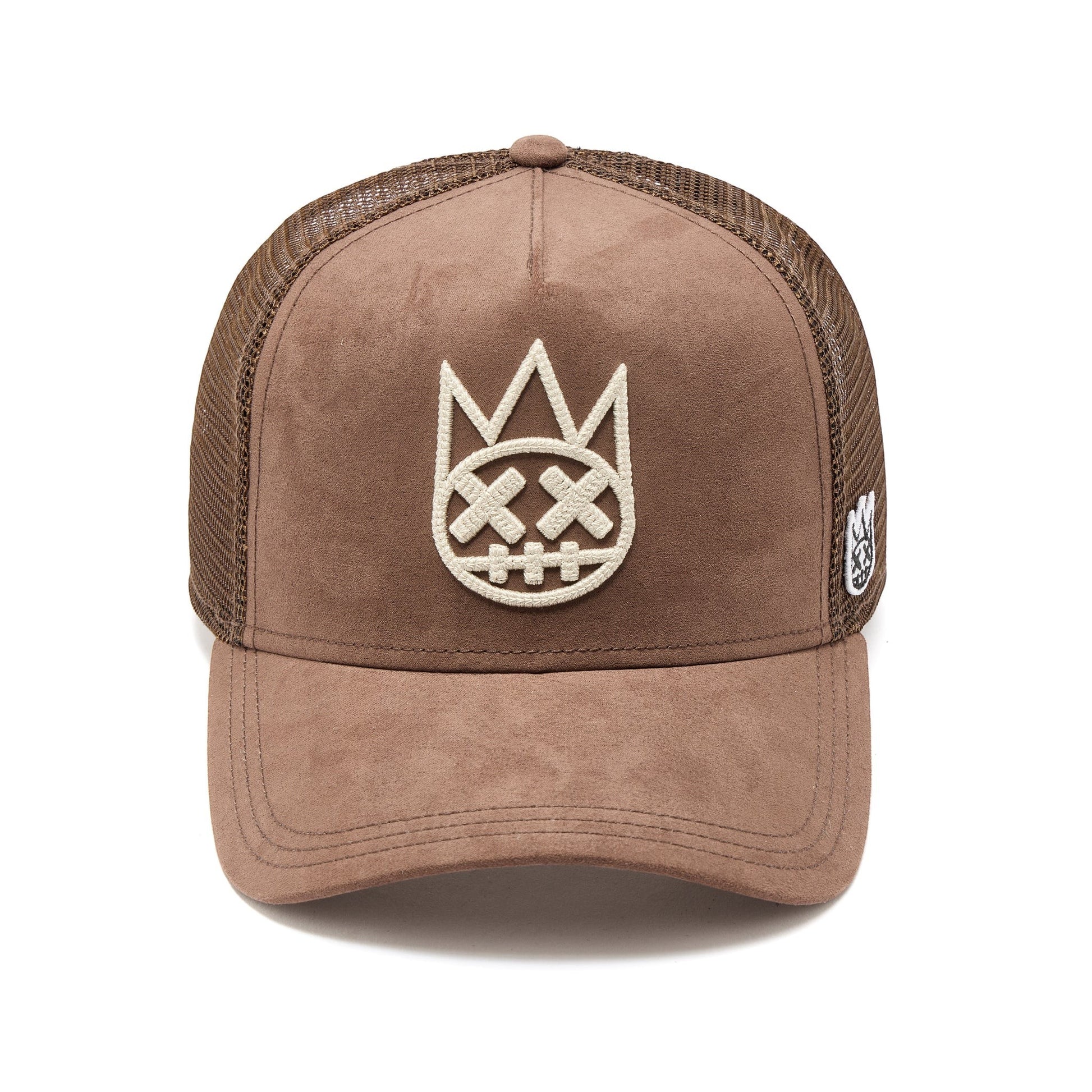 Ballers Clothing Shop pinecone brown suede trucker hat with mesh back and raised white chain-stitch logo embroidery