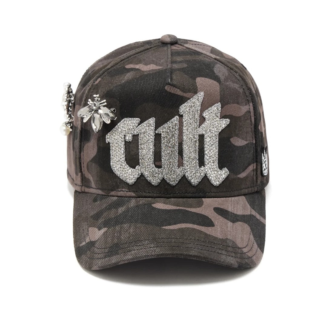 Ballers Clothing Shop camo trucker hat with crystal Old English CULT logo and bee embellishment