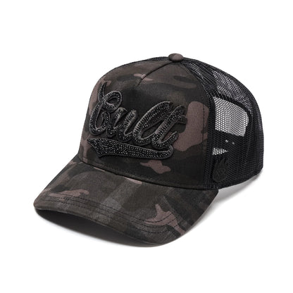 Ballers Clothing Shop camo trucker hat with black mesh back and crystal script logo on the front