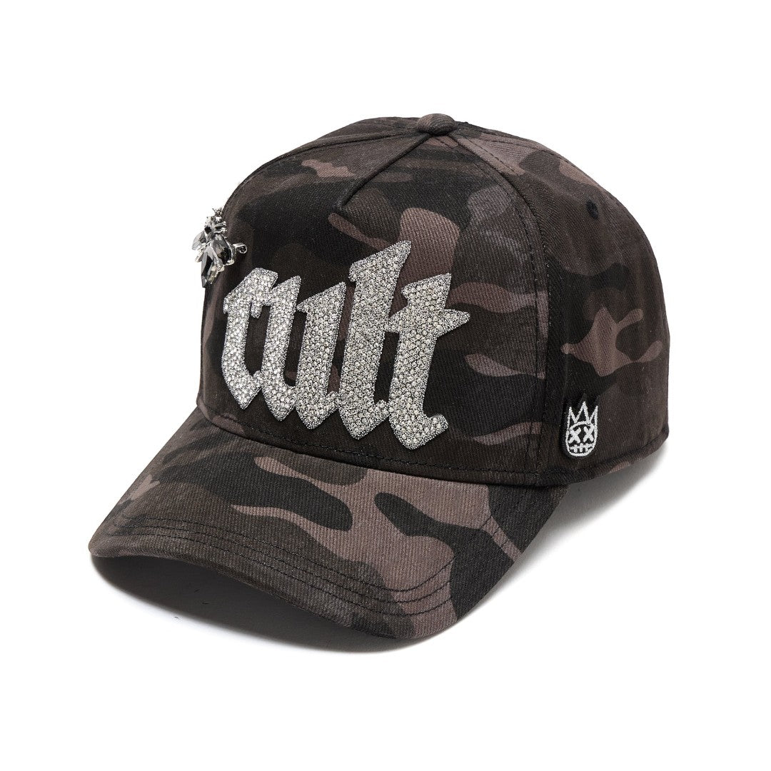 Ballers Clothing Shop camo mesh back trucker hat with Old English crystal CULT logo and side embellishment