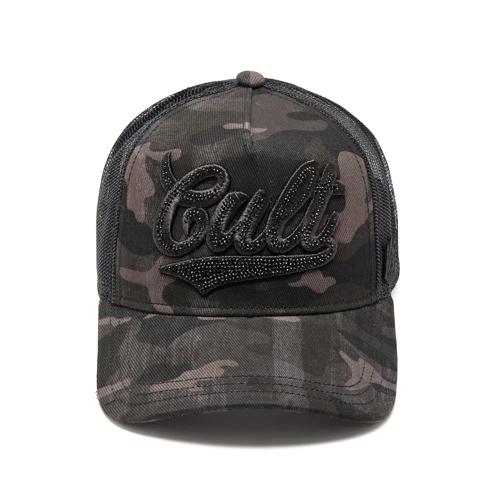 Ballers Clothing Shop camo trucker hat with black mesh back and rhinestone embellished Cult script logo