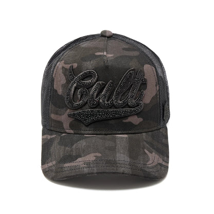 Ballers Clothing Shop camo trucker hat with black mesh back and rhinestone embellished Cult script logo