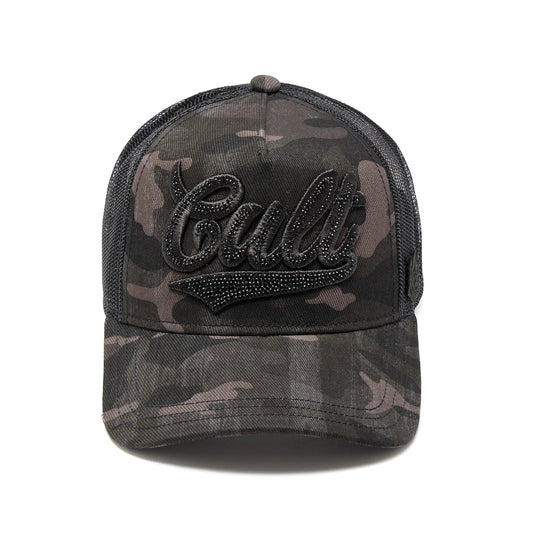 Ballers Clothing Shop camo trucker hat with black mesh back and rhinestone embellished Cult script logo