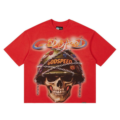 Ballers Clothing Shop cherry red GODSPEED Badges of Honor t-shirt featuring a skull in a military helmet with chains.