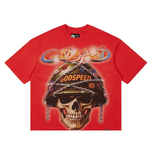 Ballers Clothing Shop cherry red GODSPEED Badges of Honor t-shirt featuring a skull in a military helmet with chains.