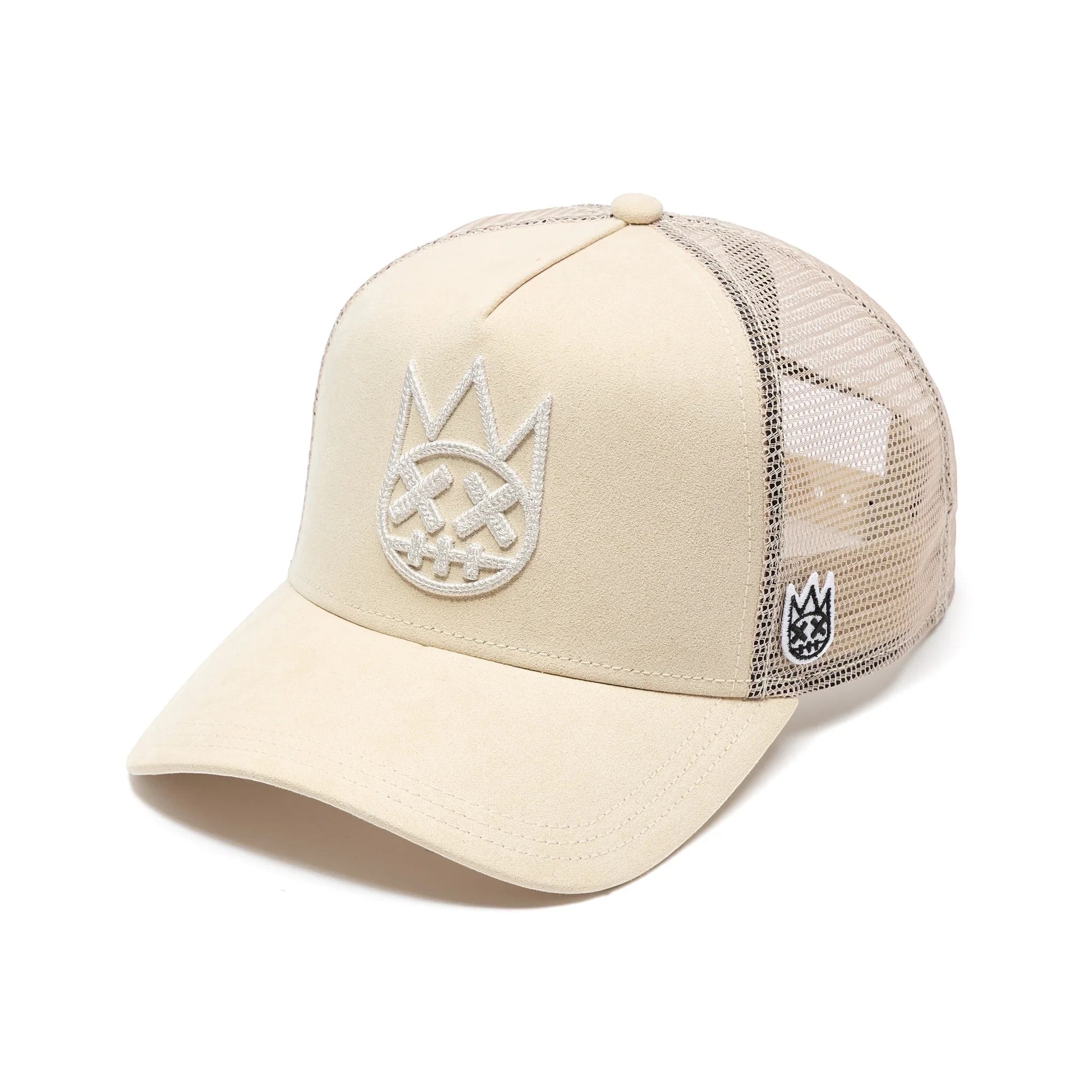 Ballers Clothing Shop cream suede trucker hat with mesh back and raised chain-stitch embroidered logo