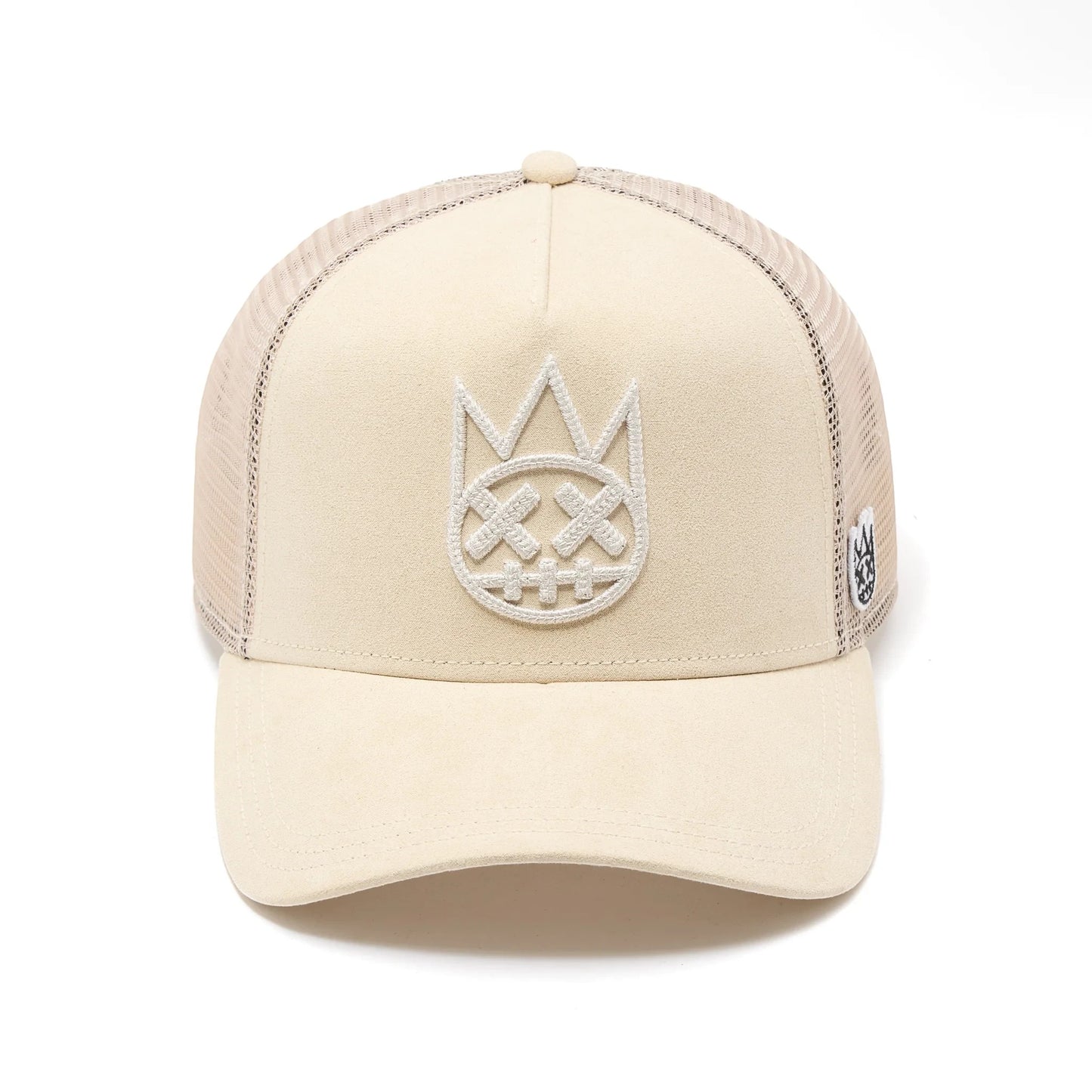 Ballers Clothing Shop cream suede trucker hat with mesh back and raised chain-stitch embroidered logo