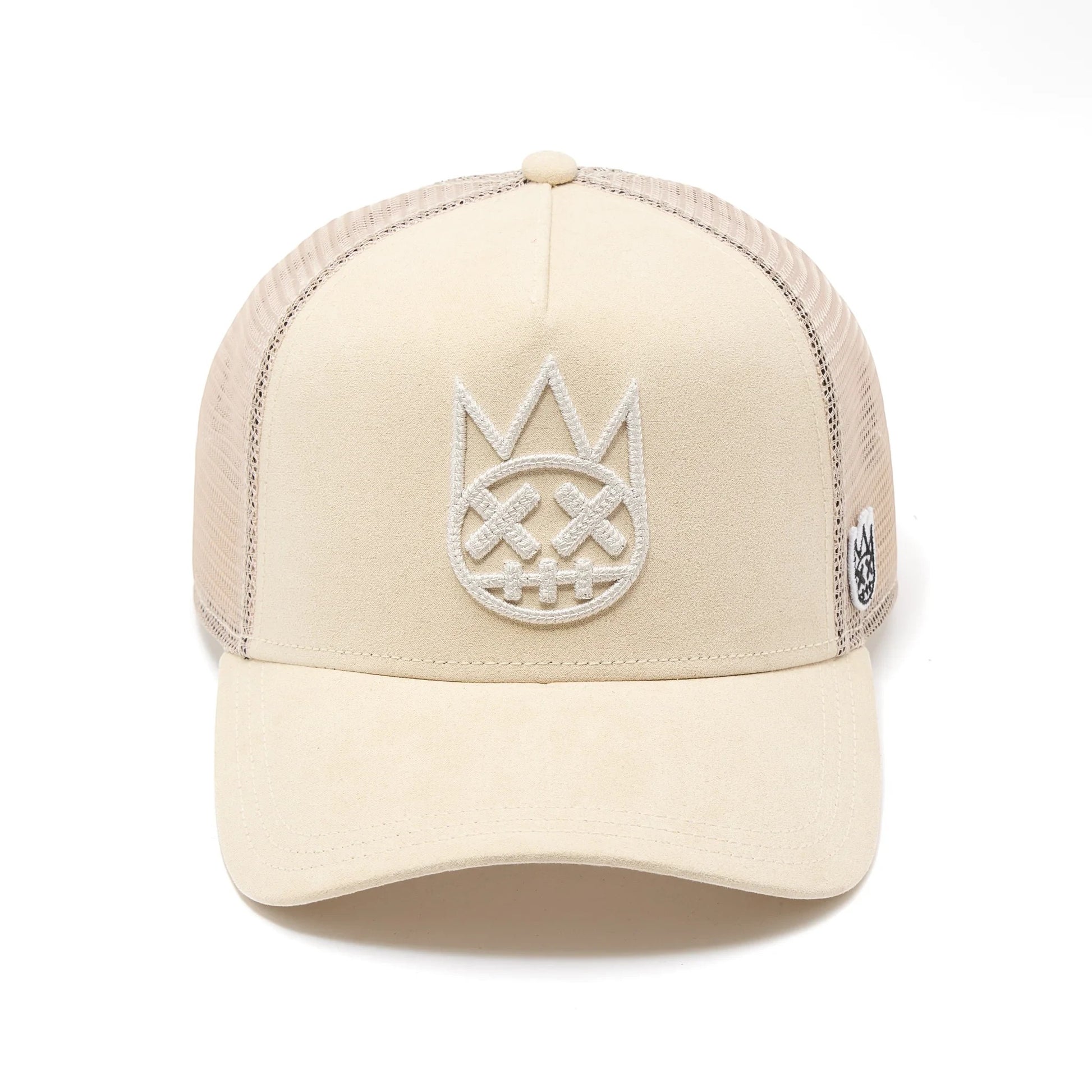 Ballers Clothing Shop cream suede trucker hat with mesh back and raised chain-stitch embroidered logo