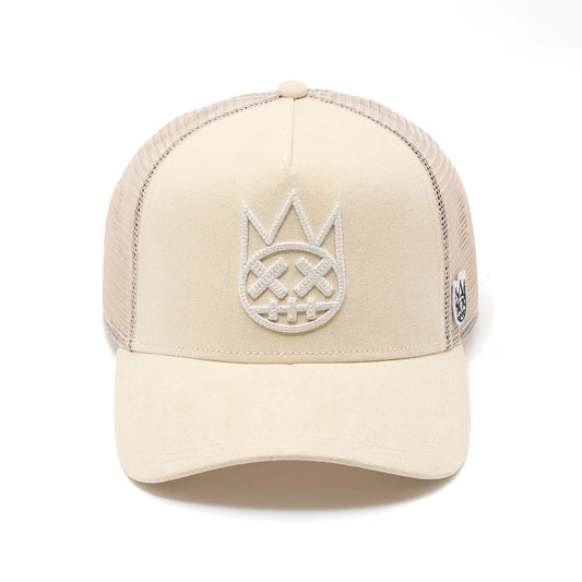 Ballers Clothing Shop cream suede trucker hat with mesh back and raised chain-stitch embroidered logo