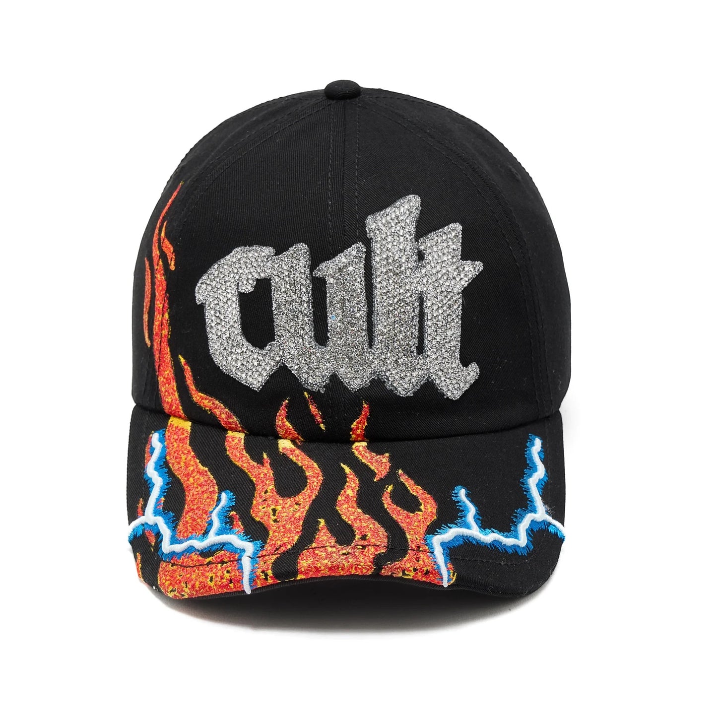 Ballers Clothing Shop black trucker hat featuring a silver rhinestone CULT logo with flame and lightning embroidery.