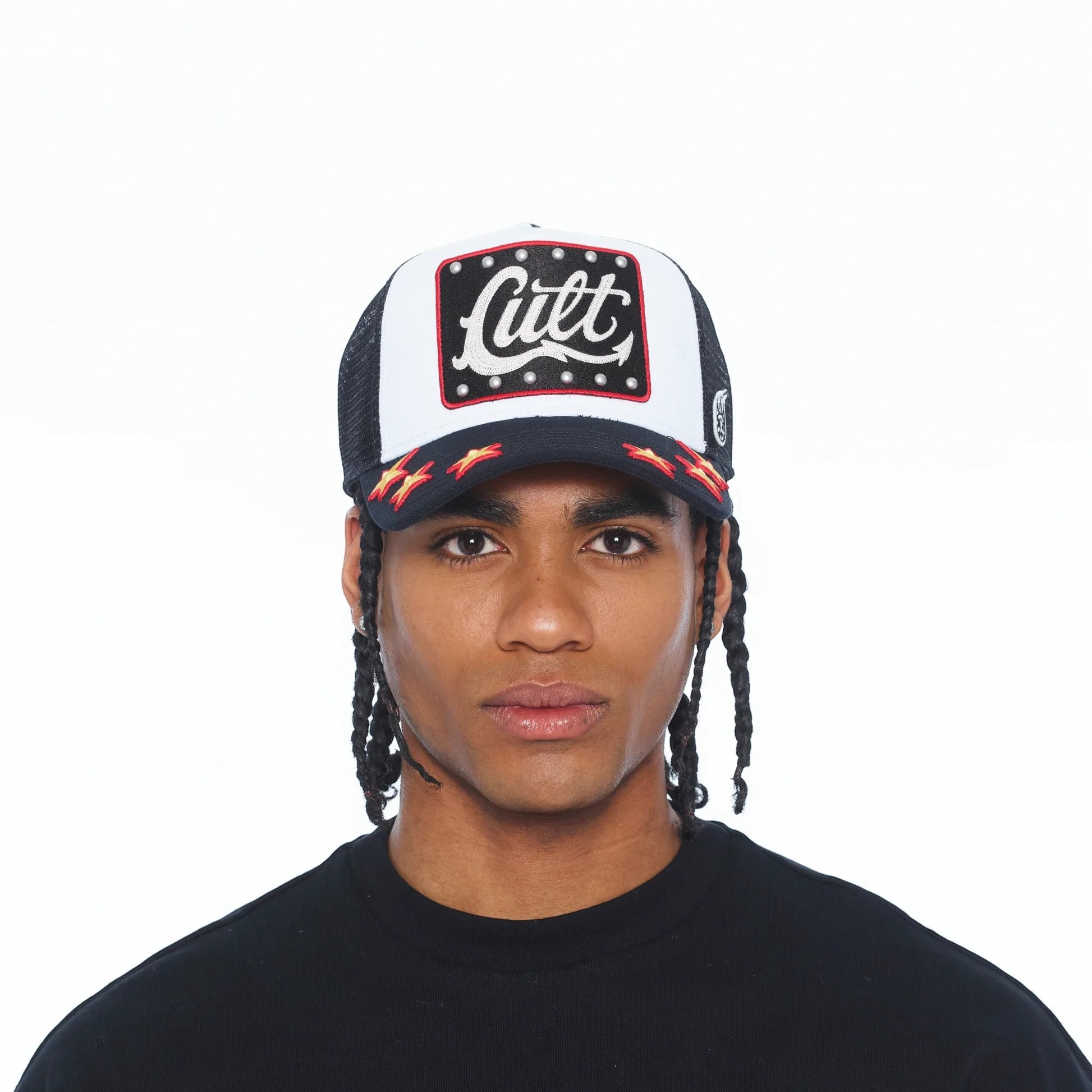 Ballers Clothing Shop black and white mesh back trucker hat with Cult logo patch and red star embroidery on brim