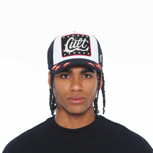 Ballers Clothing Shop black and white mesh back trucker hat with Cult logo patch and red star embroidery on brim