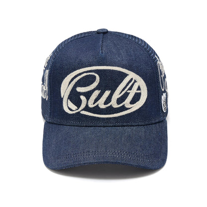 Ballers Clothing Shop dark blue denim trucker hat with white embroidered Cult logo and mesh back panel