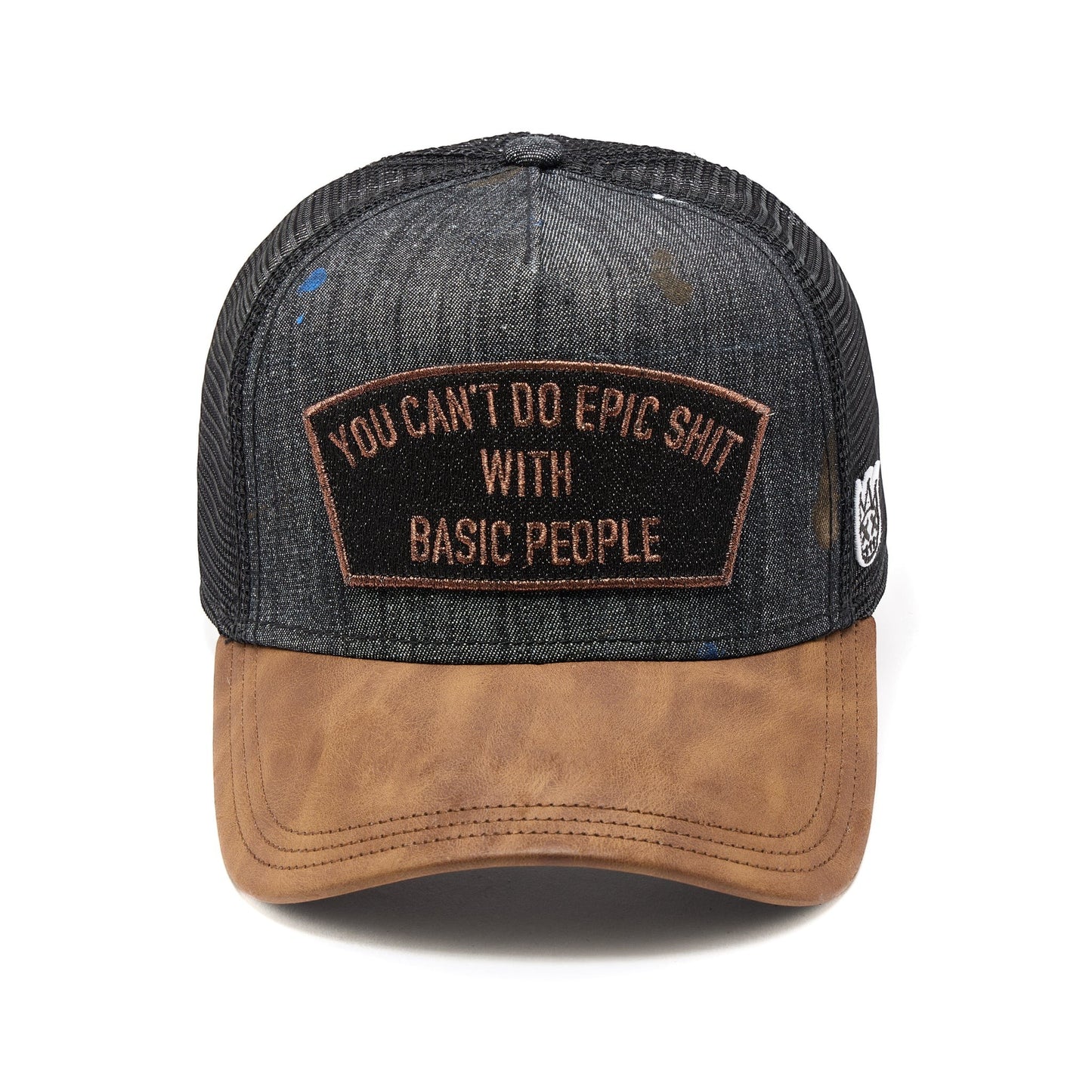 Ballers Clothing Shop black distressed denim trucker hat with brown brim and embroidered patch on front