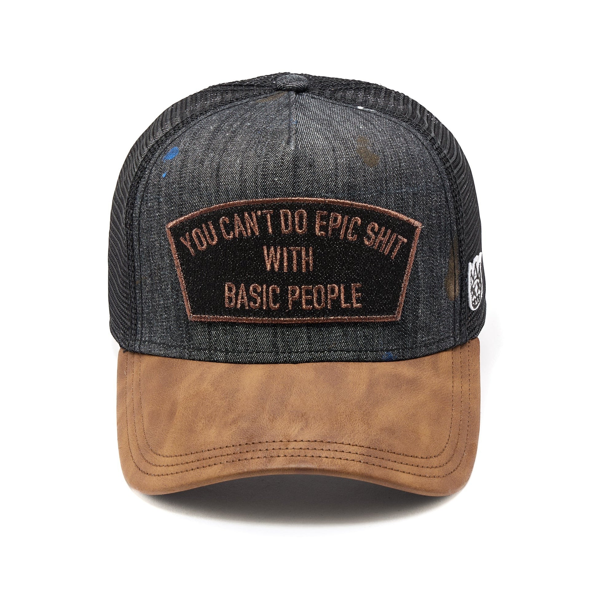 Ballers Clothing Shop black distressed denim trucker hat with brown brim and embroidered patch on front
