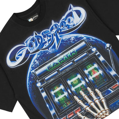 Ballers Clothing Shop GODSPEED POLYMRKT black mid-weight cotton t-shirt with earth and slot machine graphic print