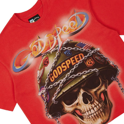 Ballers Clothing Shop cherry red Godspeed Badges of Honor t-shirt with a graphic skull wearing a helmet and chains