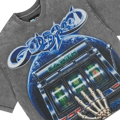 Ballers Clothing Shop GODSPEED POLYMRKT t-shirt in grey wash featuring a graphic of a slot machine and skeleton hand