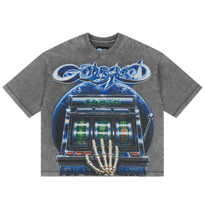Ballers Clothing Shop GODSPEED POLYMRKT grey wash t-shirt with graphic print of a slot machine and skeleton hand