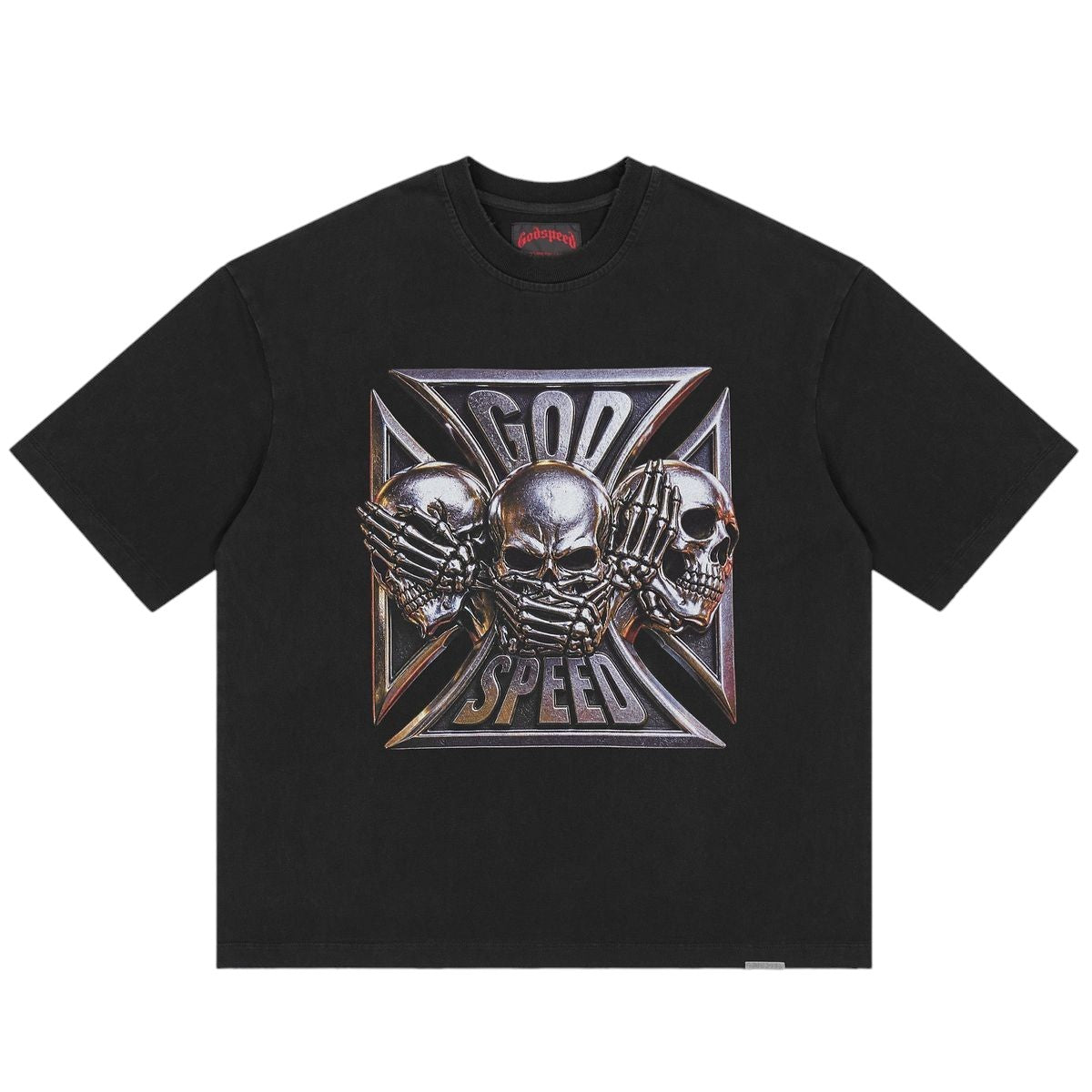 Ballers Clothing Shop black wash GODSPEED Omerta t-shirt featuring a metallic three-skull graphic on a cross design.