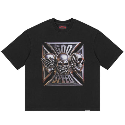 Ballers Clothing Shop black wash GODSPEED Omerta t-shirt featuring a metallic three-skull graphic on a cross design.