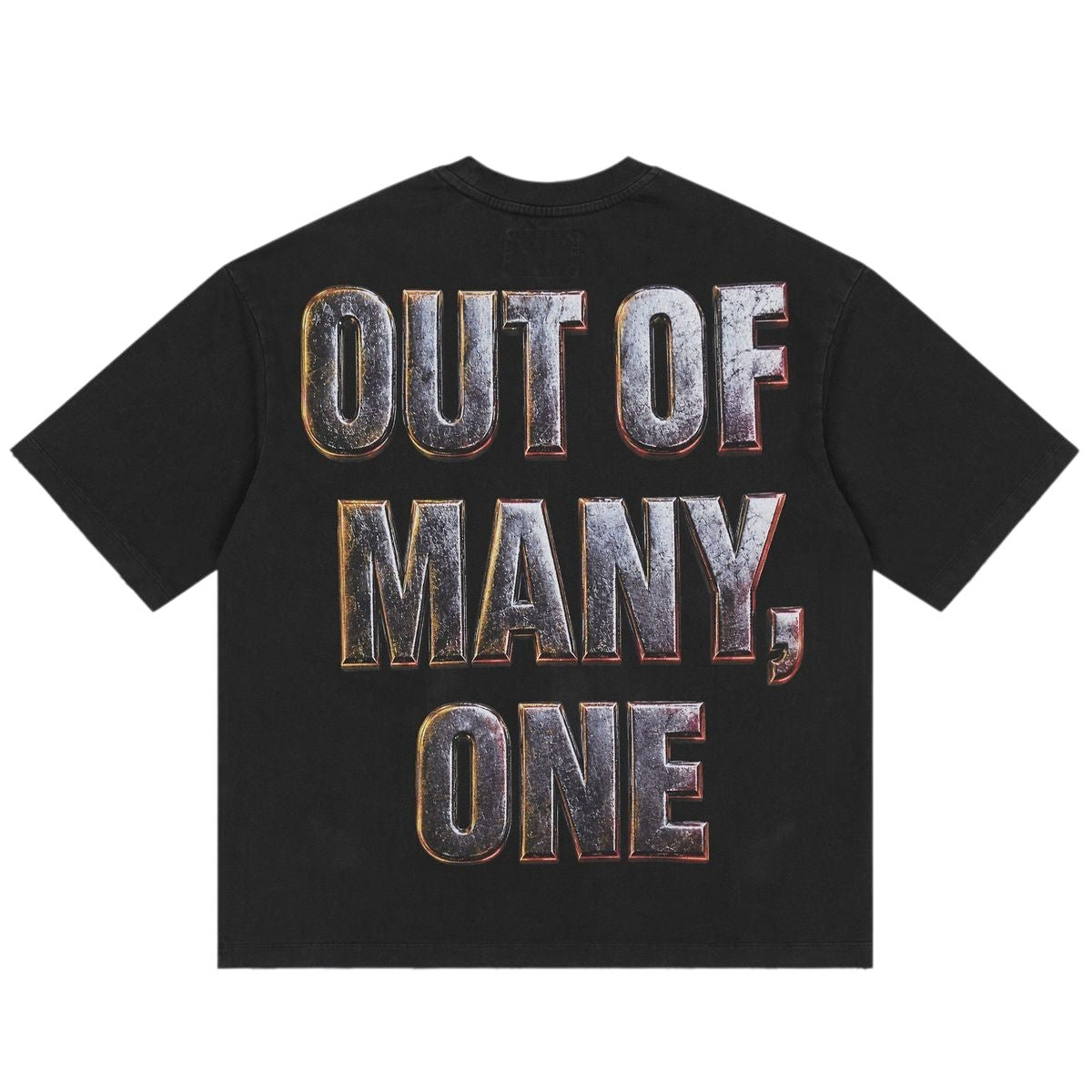 Ballers Clothing Shop black wash GODSPEED Omerta t-shirt featuring metallic Out of Many, One back graphic