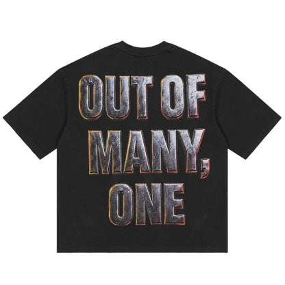 Ballers Clothing Shop black wash GODSPEED Omerta t-shirt featuring metallic Out of Many, One back graphic