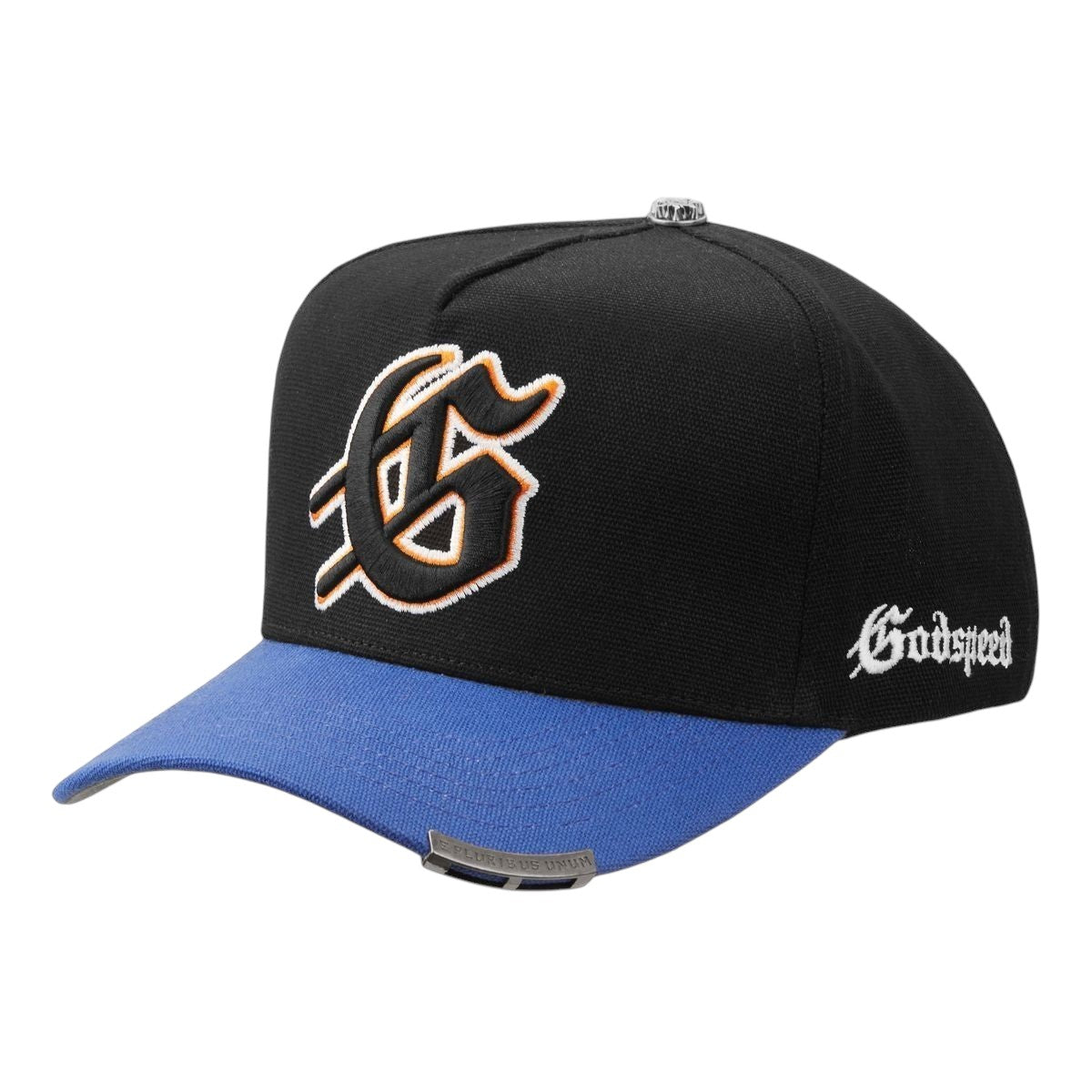 Ballers Clothing Shop GODSPEED Insignia trucker hat with black crown, blue brim, and 3D embroidered G logo.