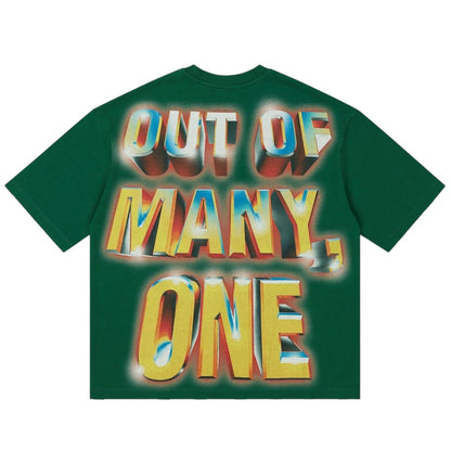 Ballers Clothing Shop green t-shirt featuring Out of Many, One metallic 3D text graphic on the back