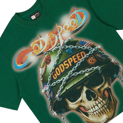 Ballers Clothing Shop green cotton t-shirt featuring a graphic of a skull wearing a helmet with chains and badges.