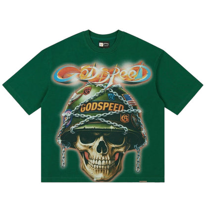 Ballers Clothing Shop green cotton t-shirt featuring a graphic print of a skull wearing a chained military helmet