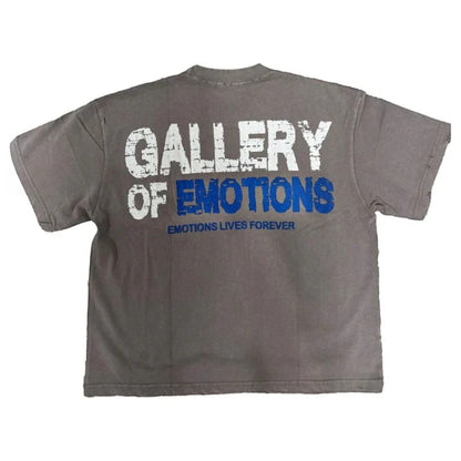 Ballers Clothing Shop grey graphic t-shirt with Gallery of Emotions text in white and blue on the back