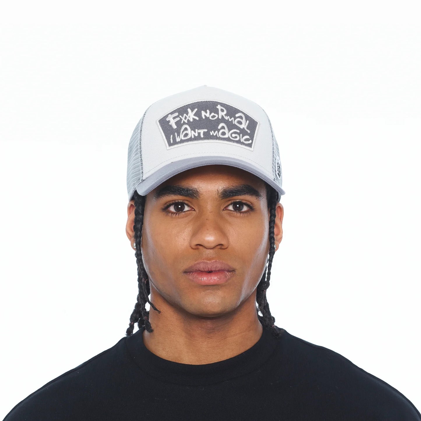 Ballers Clothing Shop grey mesh back trucker hat with FXXK NORMAL I WANT MAGIC text on a white front panel
