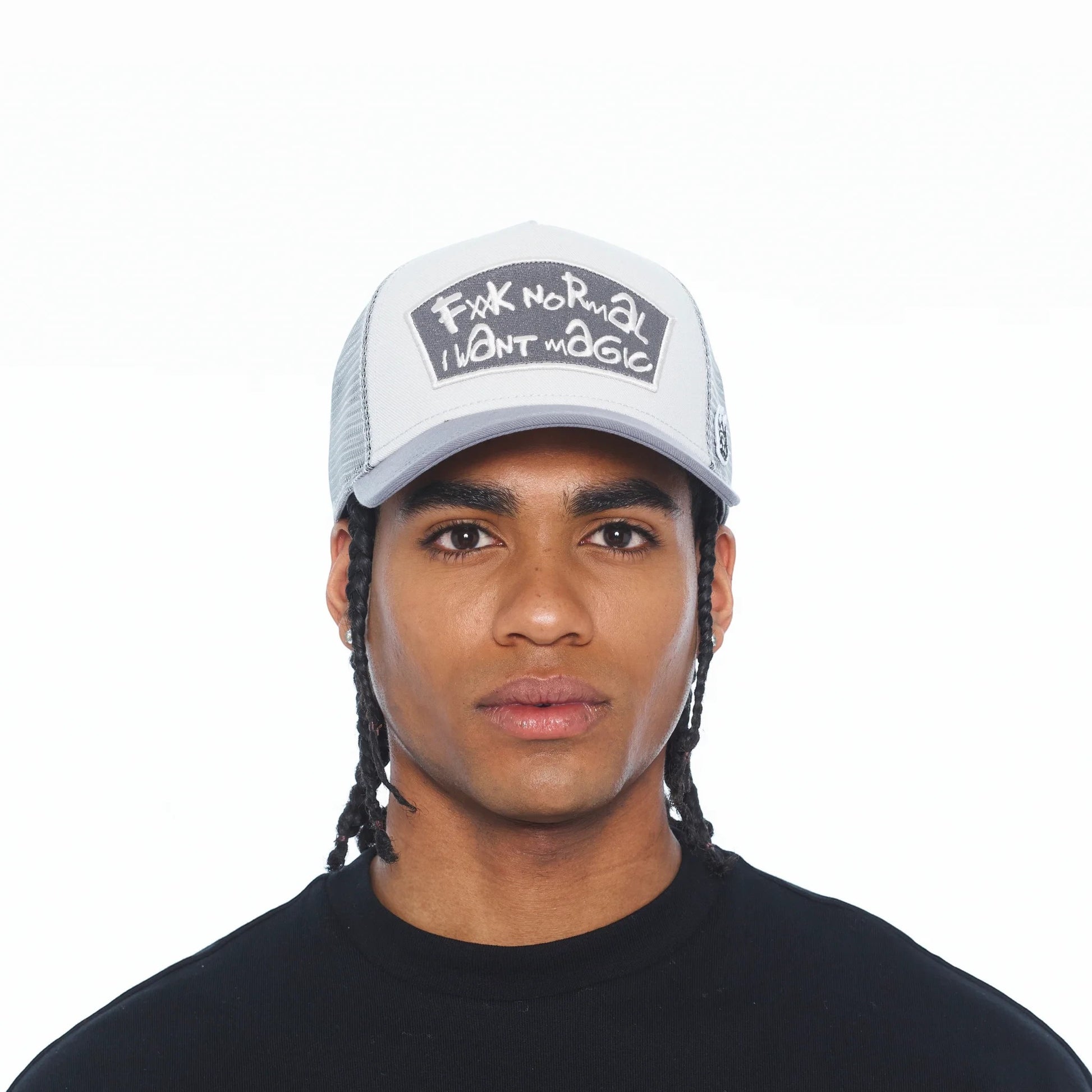 Ballers Clothing Shop grey mesh back trucker hat with FXXK NORMAL I WANT MAGIC text on a white front panel