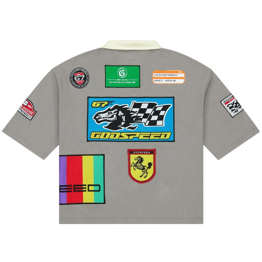 Ballers Clothing Shop grey short sleeve polo with racing-inspired patches and a cream twill collar.