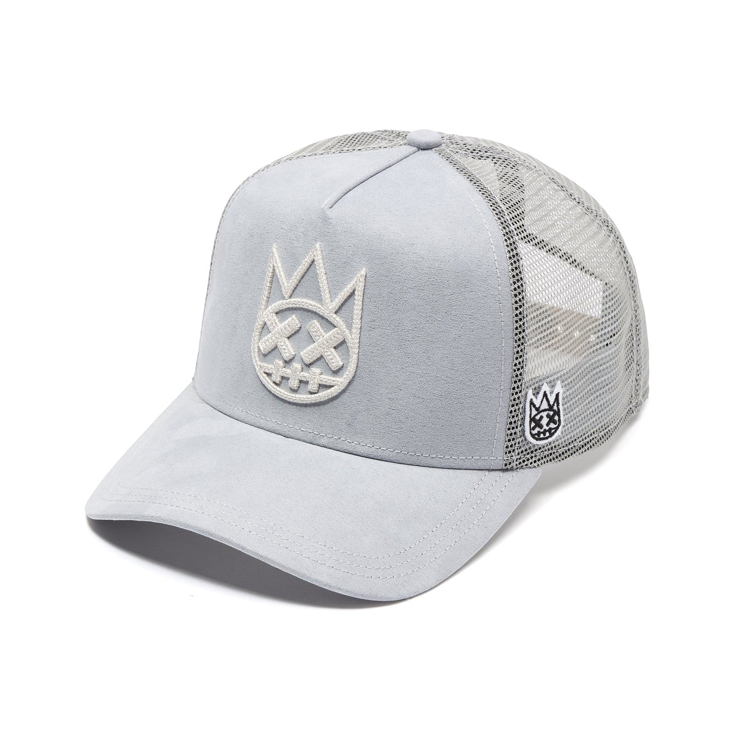 Ballers Clothing Shop grey suede trucker hat with mesh back and raised chain-stitch Shimuchan logo embroidery.
