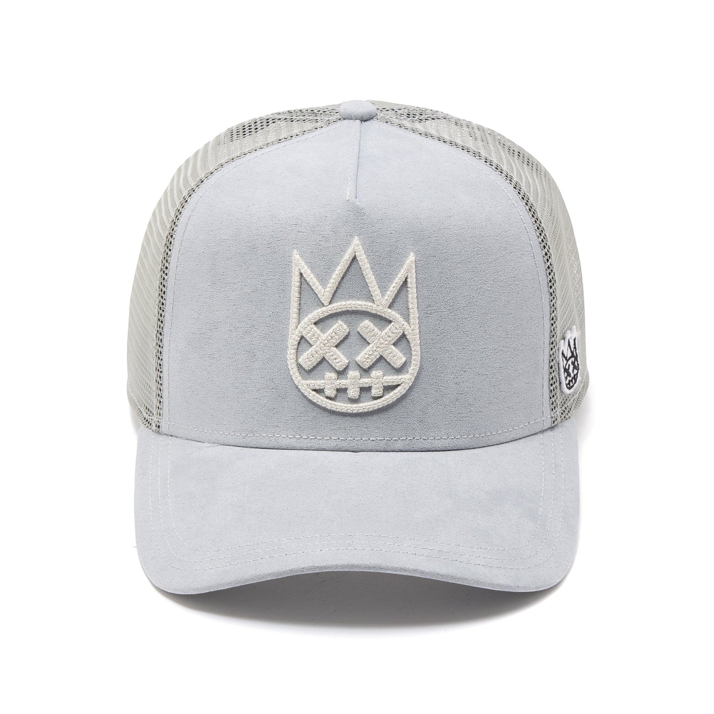 Ballers Clothing Shop grey suede trucker hat with mesh back and raised white chain-stitch Shimuchan logo embroidery.
