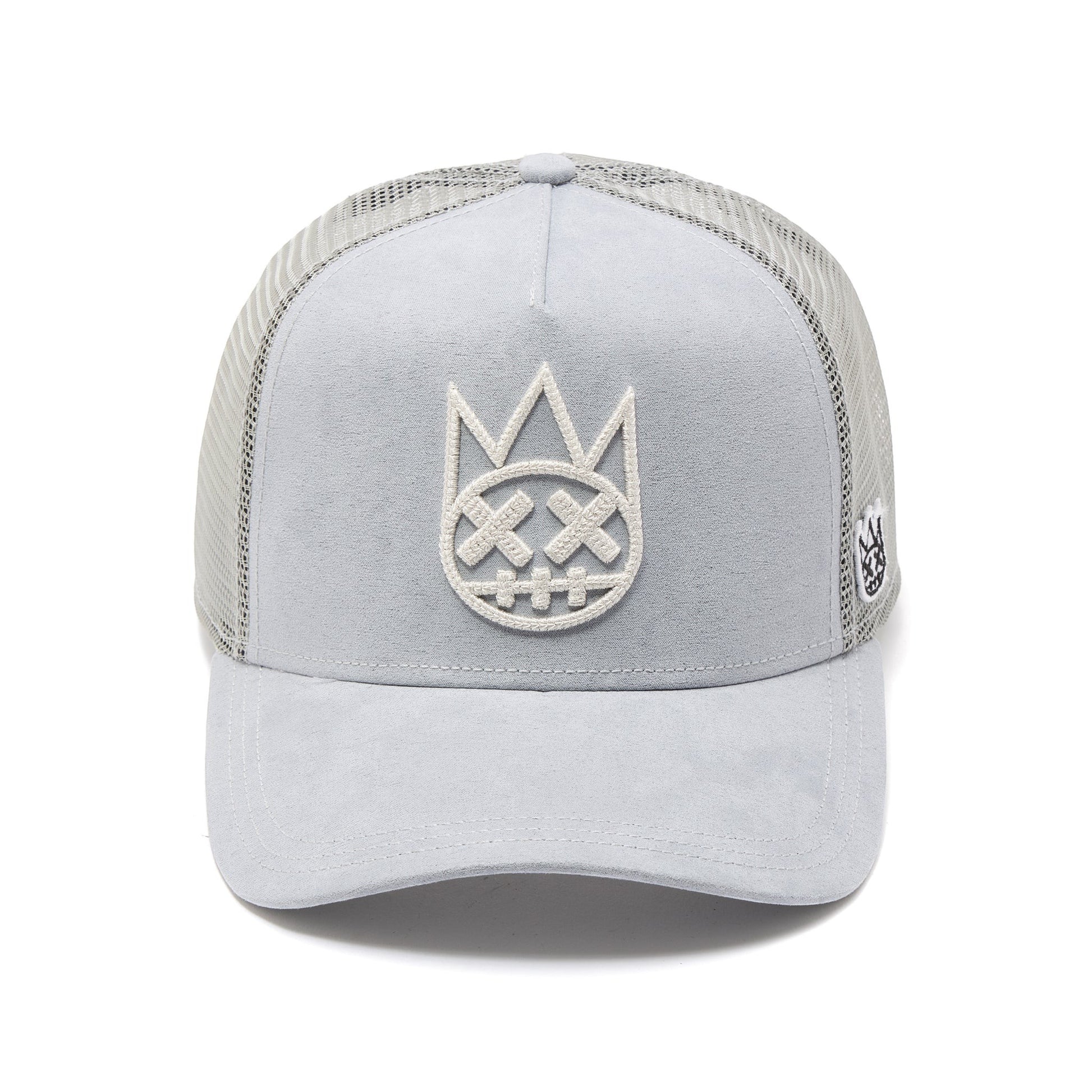 Ballers Clothing Shop grey suede trucker hat with mesh back and raised white chain-stitch Shimuchan logo embroidery.