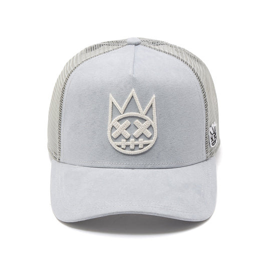 Ballers Clothing Shop grey suede trucker hat with mesh back and raised white chain-stitch Shimuchan logo embroidery.