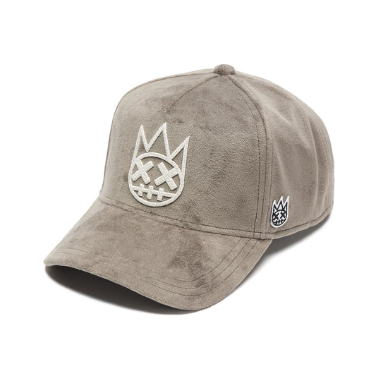 Ballers Clothing Shop grey velour A-frame trucker hat with a raised white chain-stitch Shimuchan logo