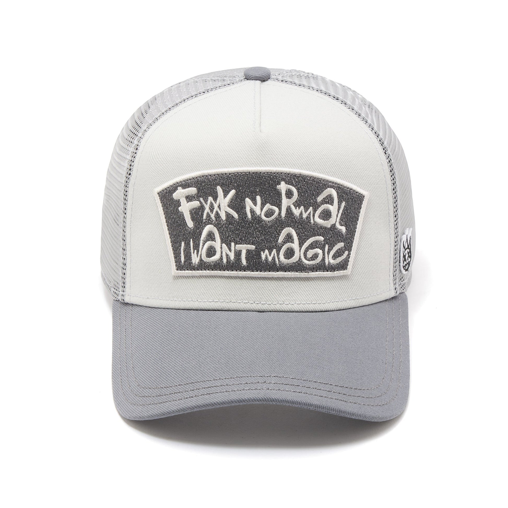 Ballers Clothing Shop grey and white mesh back trucker hat with FXXK NORMAL I WANT MAGIC embroidered patch