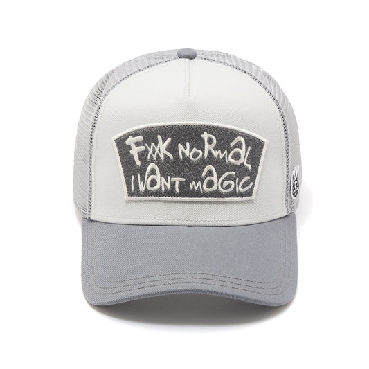 Ballers Clothing Shop grey and white mesh back trucker hat with FXXK NORMAL I WANT MAGIC embroidered patch