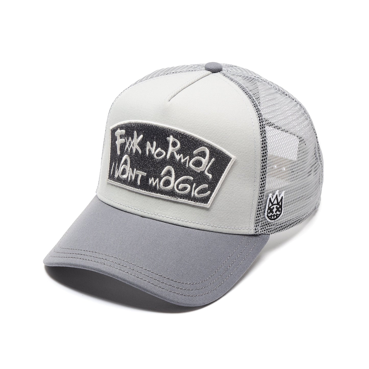 Ballers Clothing Shop grey and white mesh back trucker hat with FXXK NORMAL I WANT MAGIC embroidered patch